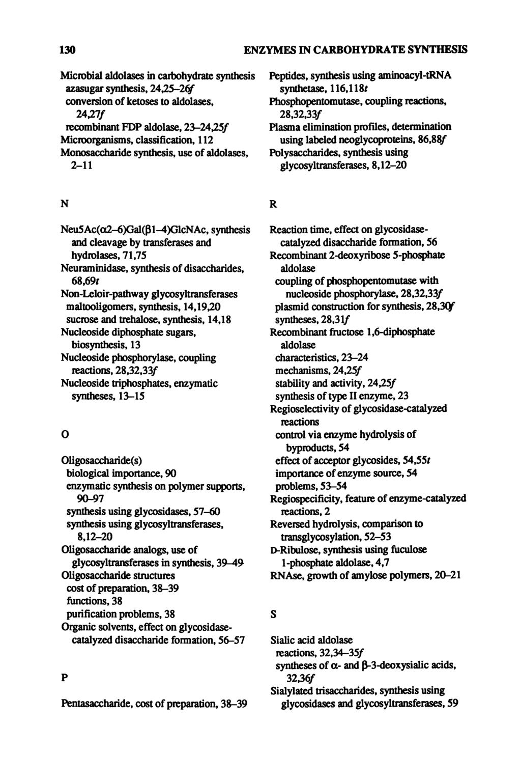 130 ENZYMES IN CARBOHYDRATE SYNTHESIS Microbial aldolases in carbohydrate synthesis azasugar synthesis, 24,25-26/ conversion of ketoses to aldolases, 24,27/ recombinant FDP aldolase, 23-24,25/