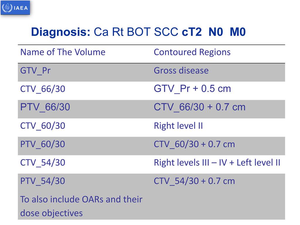 The table talks about the various target volumes delineated on the CT slices for this case.