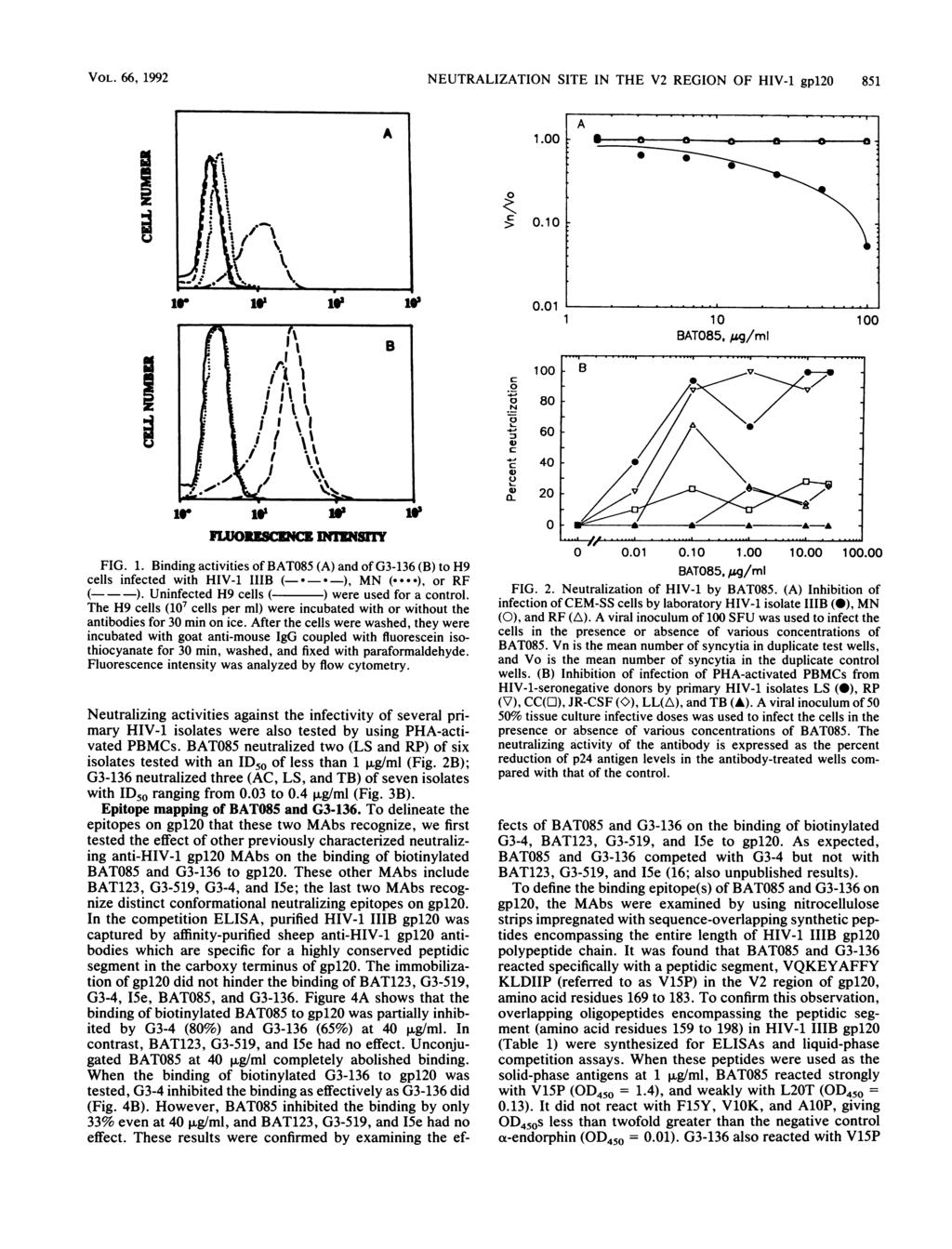 VOL. 66, 1992 NEUTRALIZATION SITE IN THE V2 REGION OF HIV-1 gp12 851 1. A --..P- - -- - - -.1 IA: *.1 1 1 BAT85, sg/mi 1 1. 8 ir 1W 1W 1W ILO SICZI7'Nn () 8 6 4 4. 2 FIG. 1. Binding ativities of BAT85 (A) and of G3-136 (B) to H9 ells infeted with HIV-1 IIIB ( *), MN (.