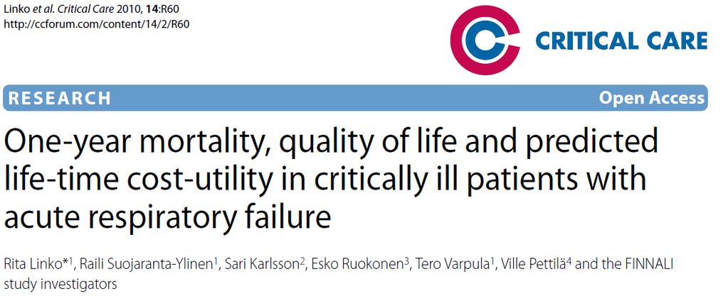 Prospective cohort study in 25 Finnish ICUs 958 patients with acute respiratory failure 90-day mortality 31%, 12-mth mortality 35% EQ-5D at 12 months
