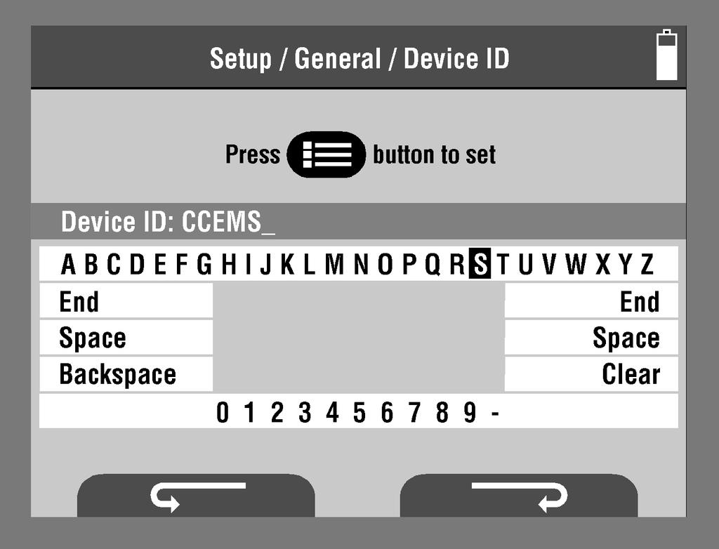 Changing Setup Options How to Enter and Delete Device Information Figure D-4 shows the Device ID screen used to enter device information into the defibrillator.