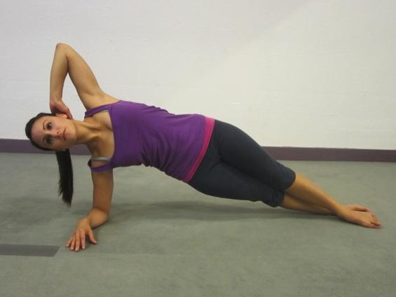 Ab Twist Bend Lay on your side on forearm Place opposite hand behind your head Extend both legs straight out onto the floor. Place top leg in front and bottom leg behind.