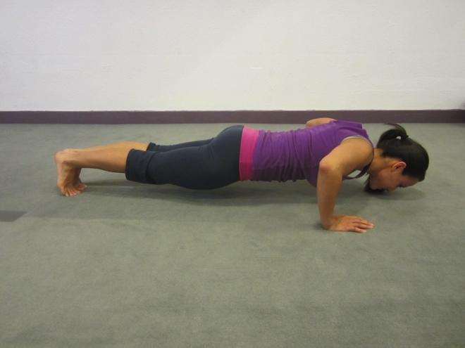 Core- X Push Up Lift Start with your legs straight back, toes curled under. Hands placed down directly under the shoulder. Bend elbows out to the side for a push up.