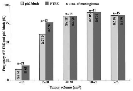 Fig. 6. Graph showing the incidence of PTBE and pial blush in relation to total tumor volume.