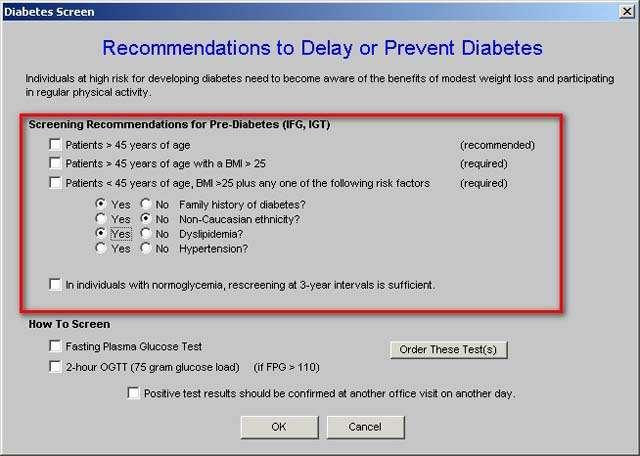 When Preventing Diabetes is accessed, the pop-up entitled "Recommendations to Delay or Prevent Diabetes" is automatically launched. This pop-up contains the recommendations for screening for diabetes.