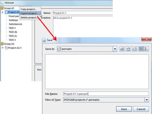 4.2.6. Export project The user exports a project to a file. This functionality can also be used when you install a new version of PERSAM.