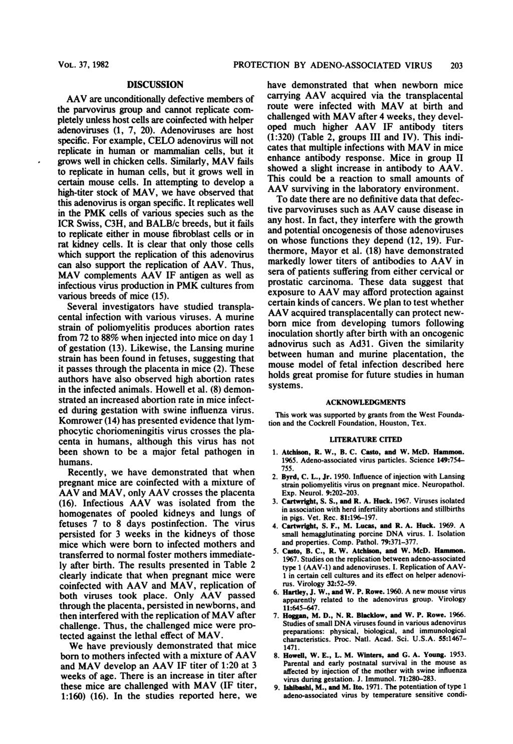 VOL. 37, 1982 DISCUSSION AAV are unconditionally defective members of the parvovirus group and cannot replicate completely unless host cells are coinfected with helper adenoviruses (1, 7, 20).