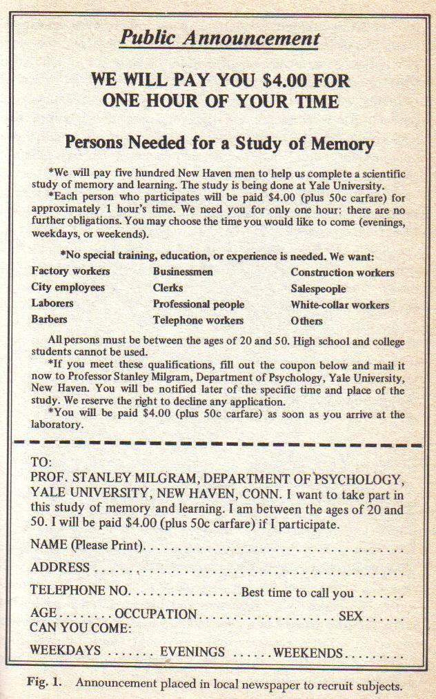 The experiment Study of memory and learning One hour for $4.