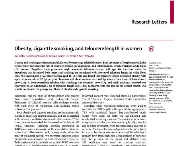 Obese adults had shorter telomeres (-8.