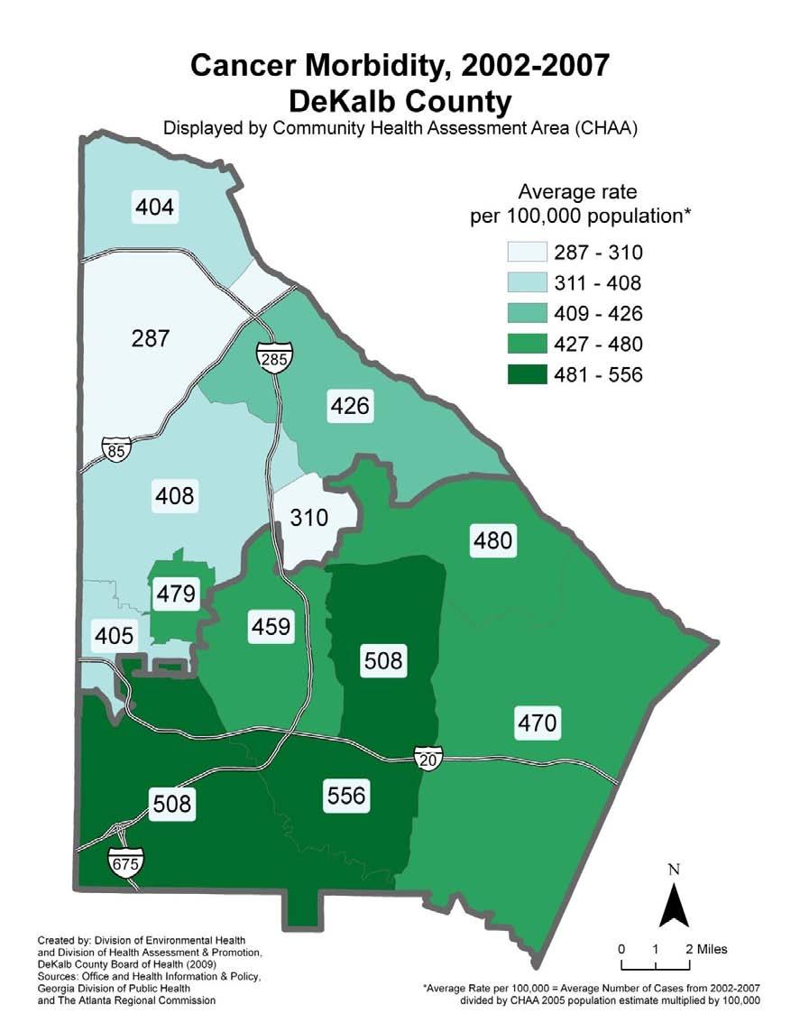 The map below displays the cancer illness rate based on geographic location in DeKalb County.