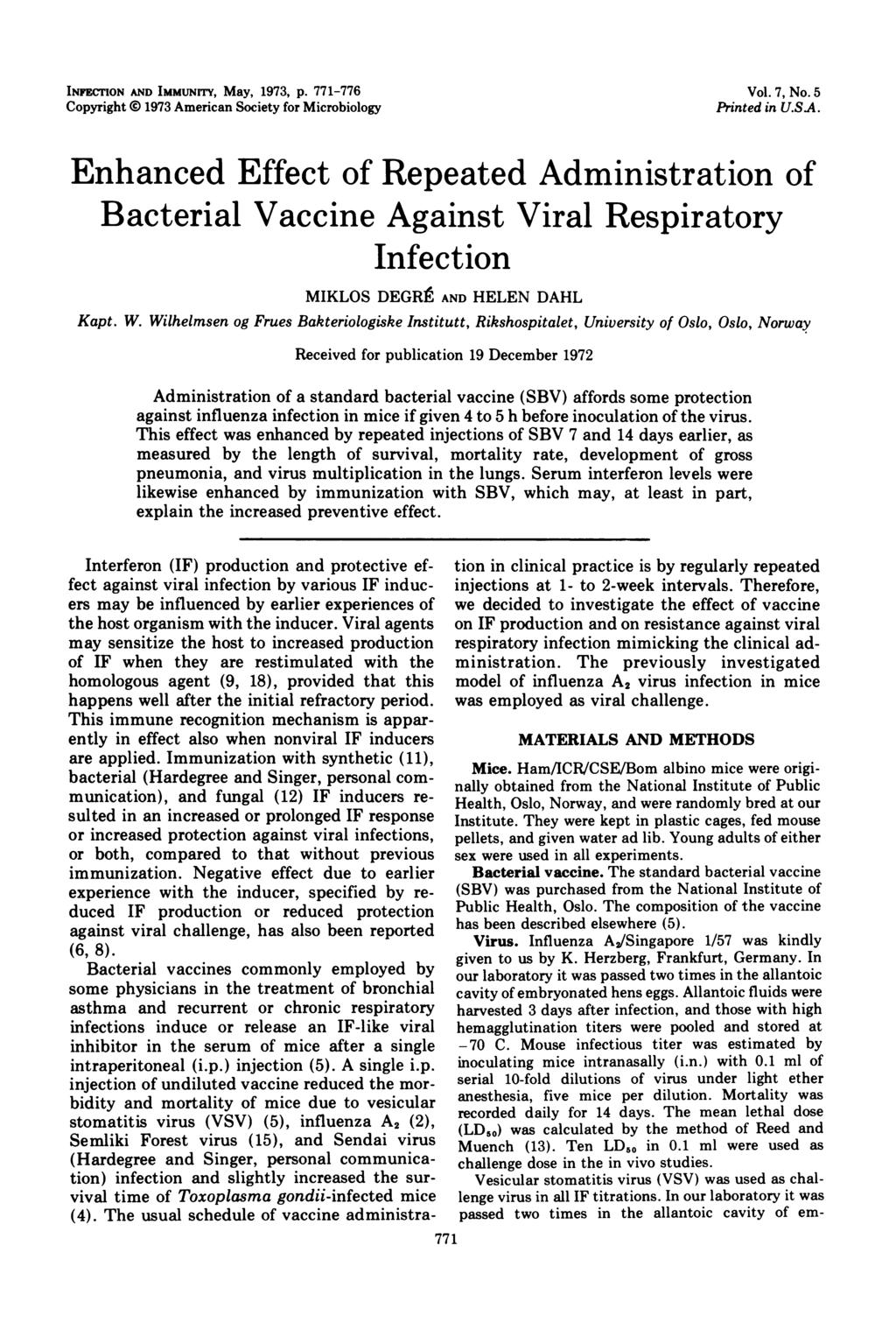INFECrlON AND IMMUNrrY, May, 1973, p. 771-776 Copyright 0 1973 American Society for Microbiology Vol. 7, No. 5 Printed in U.SA.
