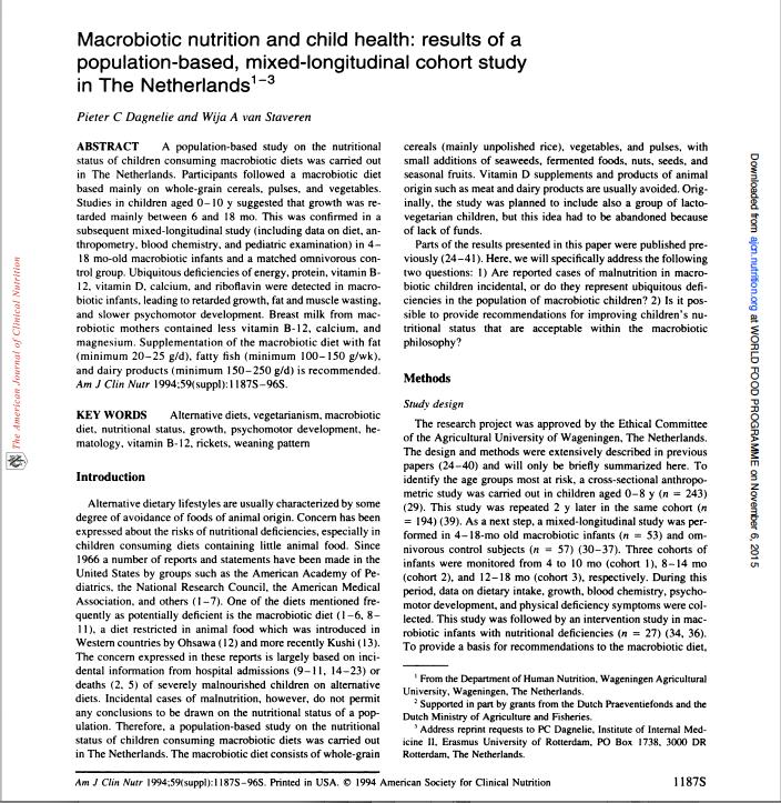 Macrobiotic nutrition and child health Study Population Macrobiotic children - White - Birth weight 2500 g - No congenital disease Omnivorous control children (included in longitudinal cohort study):