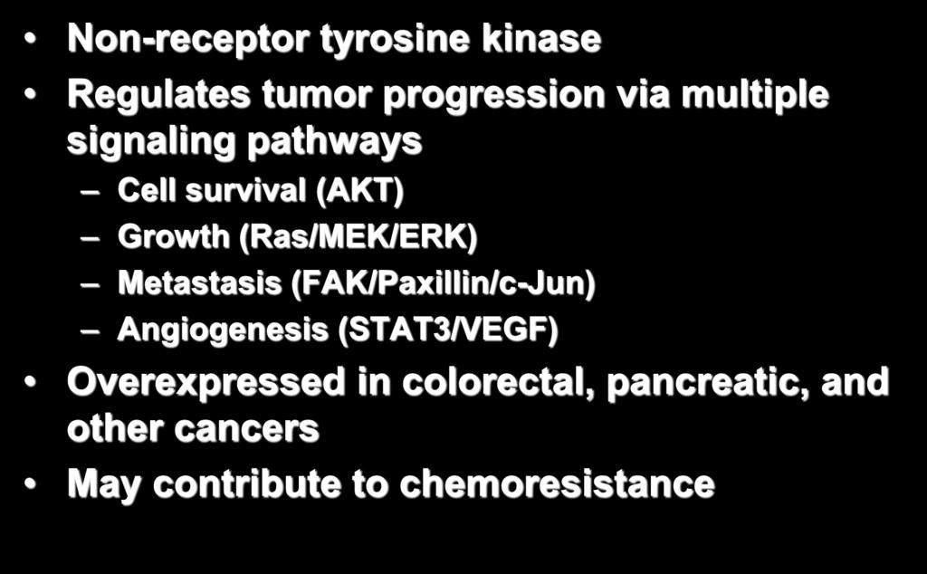 Role of Src Kinase Non-receptor tyrosine kinase Regulates tumor progression via multiple signaling pathways Cell survival (AKT) Growth (Ras/MEK/ERK)