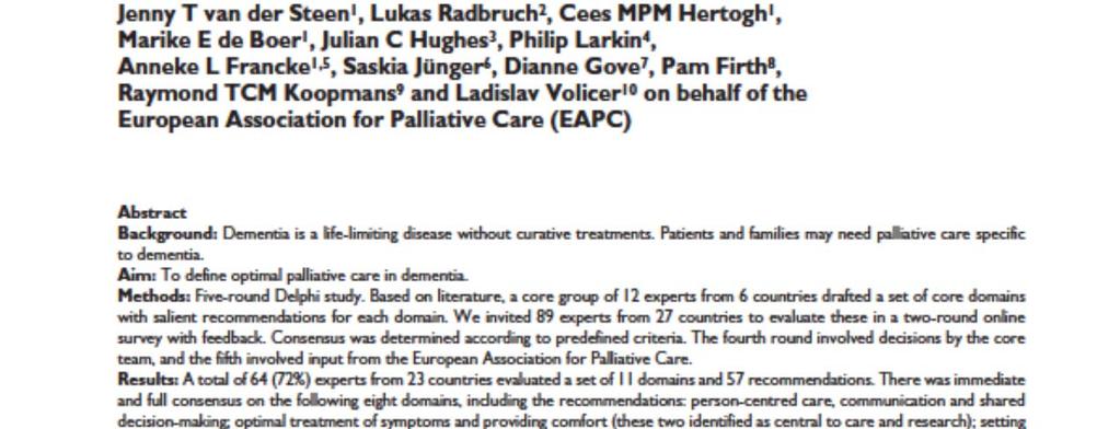 Defining palliative care in dementia Defining optimal palliative care in dementia Care