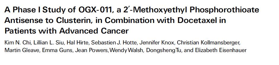 40 pts enrolled with Combination with docetaxel 640 mg of OGX-011 No major side effects Randomized phase II in CRPC 5 (Chi et al,