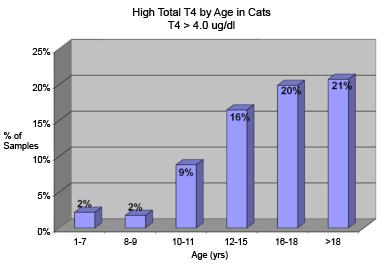 ANTECH Data Corner: Feline Abnormal High T4 as Function of Age In a sample of over 250,000 T4s submitted as part of total body function tests (CBC, chemistry screen, T4), more than 50% of cats over