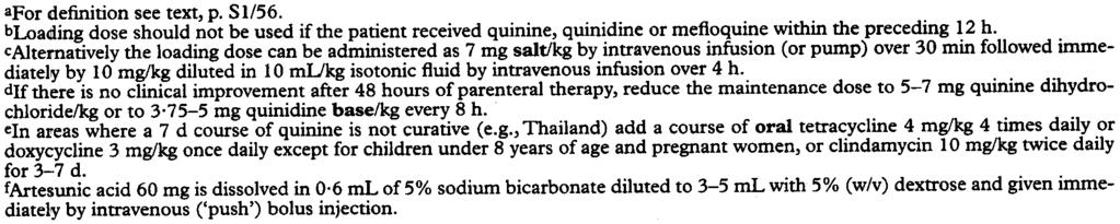 5 mg base/kgd over 4 h every 8 h until the patient can swallow, then quinine tablets to complete 7 d treatmen OR give a single dose of 25 mg/kg sulfadoxine and 1.25 mg/ kg pyrimethamine.