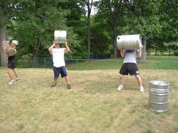 Use various sizes and weights. Empty kegs might be plenty hard enough for newbees. Use half kegs for snatches and rotations. Use half kegs for anyone who needs to go lighter!