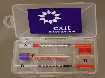 The Peaceful Pill Project 235 Fig 13.11: Exit Nembutal Test Kit One hypodermic (A) is empty and is used to transfer a fixed amount of the drug for testing to the reaction chamber.