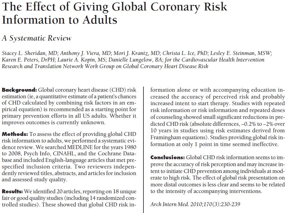 global CHD risk information alone or with accompanying education increased the accuracy of perceived risk and probably increased intent to start therapy.