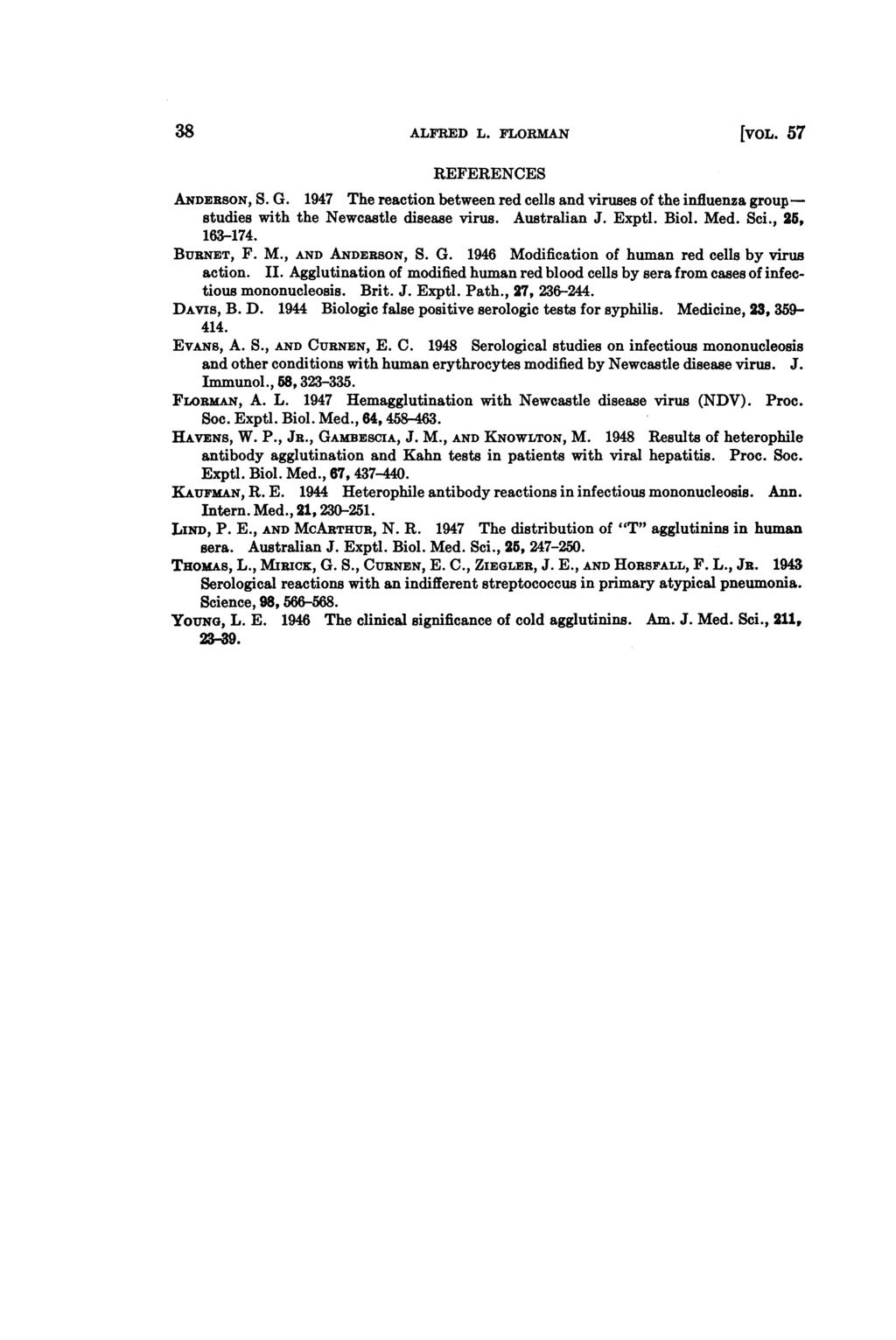 38 ALFRED L. FLORMAN [VOL. 57 REFERENCES ANDERSON, S. G. 1947 The reaction between red cells and viruses of the influenza groupstudies with the Newcastle disease virus. Australian J. Exptl. Biol. Med.