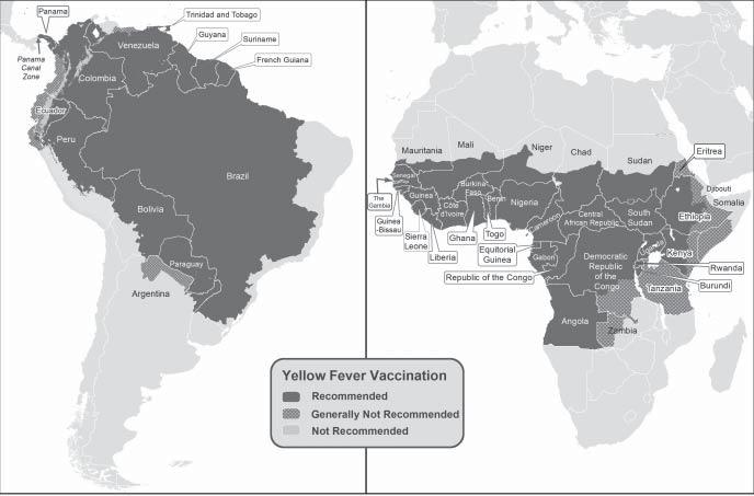Yellow fever 81 Figure 8.1 Yellow fever vaccine recommendations. Source: Adapted from Centers for Disease Control and Prevention 2014 [5].