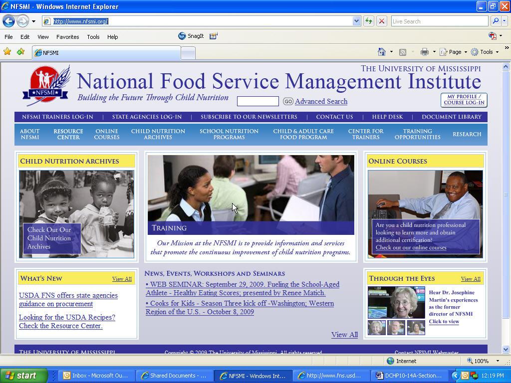 Another Valuable Training Resource The National Food Service Management Institute website (home page shown below) has an extensive collection of training formats that sponsors of the DCH and