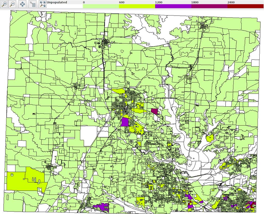 Figure 3.4. Population distribution of Denton county, Texas Population distribution of Denton county, Texas. At the top is the color scale; darker colors represent larger population 3.2.2.3. Modeling Social Behavior.