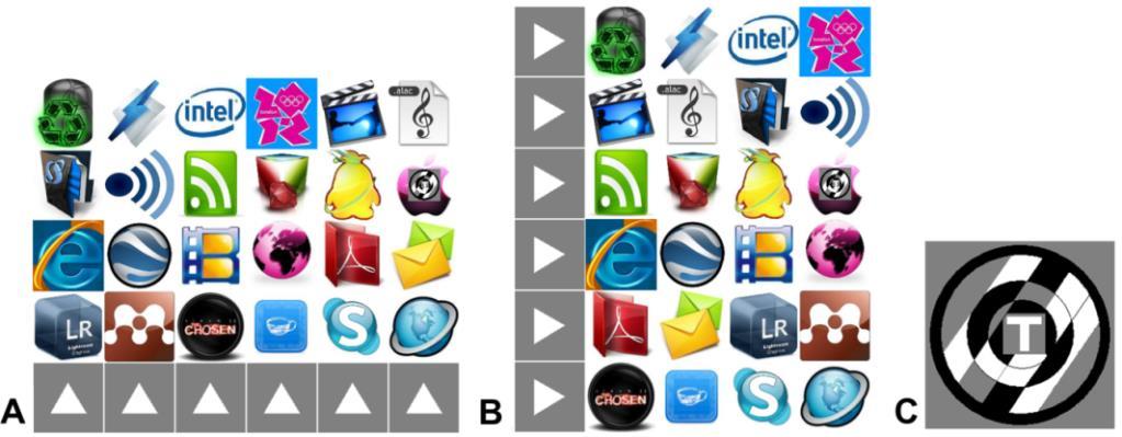 Figure 3.2 Example displays in the experiments. A) Example of a landscape display. In this example, the Apple icon (second row, right-most column) is the search target.