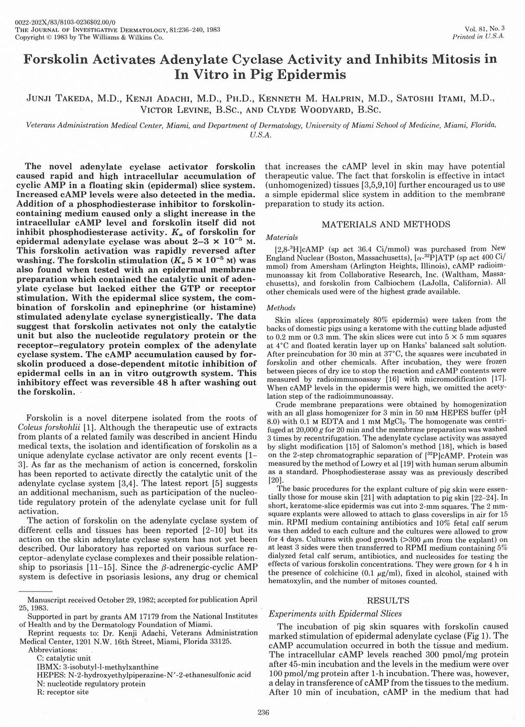 22-22X/83/813-236$2./ Tli JOURNAL OF INVSTIGATIV DRMATOLOGY, 81.:236-24, 1983 Copyright 1983 by The Williams & Wilkins Co. Vol. 8 1, No.3 Printed in U.S. A.
