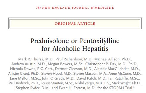 -1103 patients with severe acute alcoholic hepatitis DF >32 -randomized to placebo, Prednisolone, PTX, or