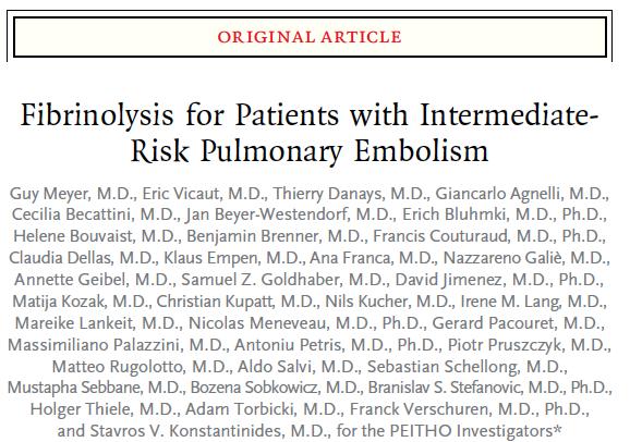 Management: high-risk submassive PE PEITHO study 1005 patients, acute PE with RV dysfunction (CT, echo) and