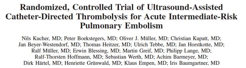 Management: high-risk submassive PE ULTIMA study 59 patients, acute PE with RV/LV ratio >1 UFH plus catheter-directed, ultrasound accelerated thrombolysis ( 20 mg/15