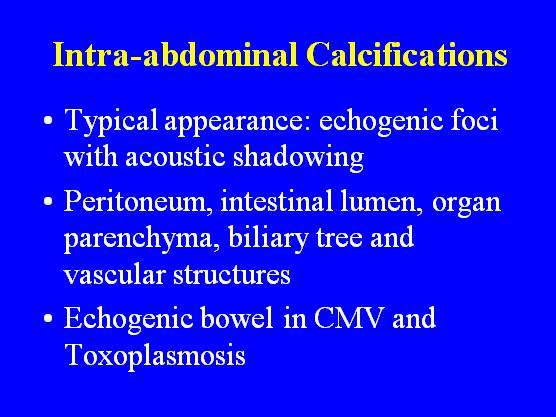 Calcifications Typical appearance: echogenic foci with acoustic shadowing Peritoneum, intestinal
