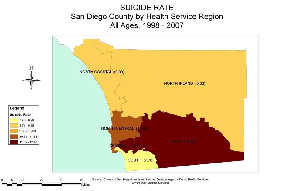 Section 1: All Ages Geographic Distribution Figure 1.9 The suicide rate was highest in the Central and East regions of the county, and lowest in the South region. Table 1.