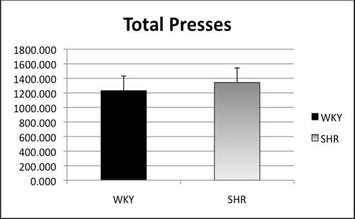39 Figure 6: Mean total lever presses for WKY and SHR (mean + SEM), n = 8 No statistically significant differences were observed between strains. Mean percent accuracy was 82.9+2.1 for WKY and 83.2+2.