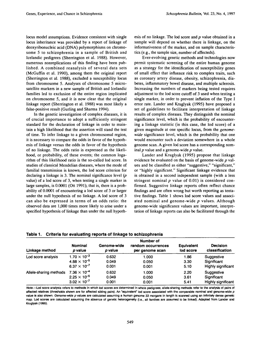 Genes, Experience, and Chance in Schizophrenia Schizophrenia Bulletin, Vo\. 23, No. 4, 1997 locus model assumptions.