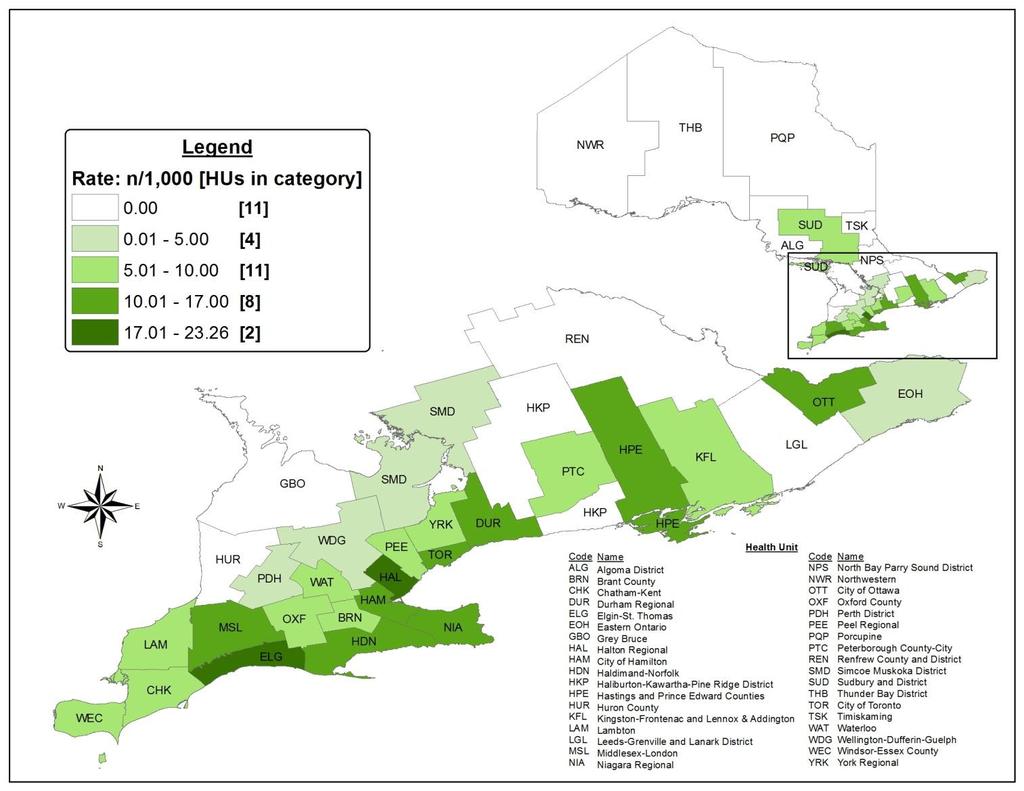 Figure 6: Minimum infection rate of positive mosquito pools: Ontario, 2012 Data
