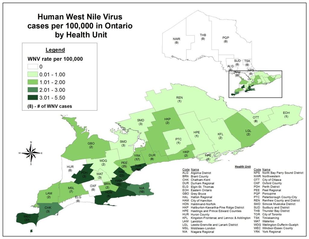 Figure 2: Incidence rate per 100,000 population and number of confirmed and probable West Nile Virus cases by health unit of residence: Ontario, 2012 Data sources: WNV cases: Ontario Ministry of