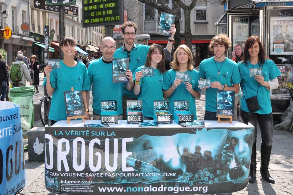 Scientologists from the Church of Scientology in Paris set up a Truth About Drugs booth
