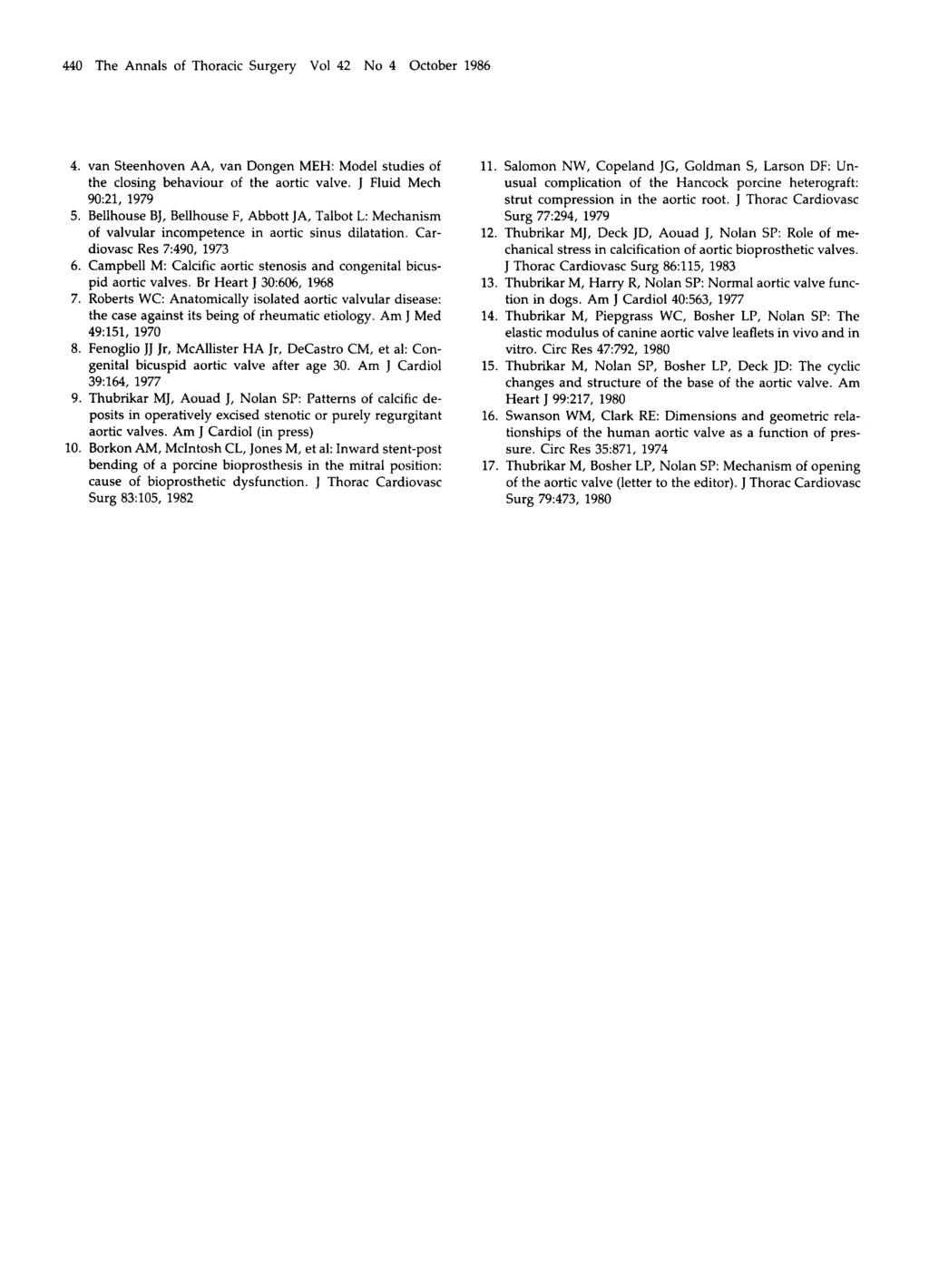 440 The Annals of Thoracic Surgery Vol 42 No 4 October 1986 4. van Steenhoven AA, van Dongen MEH: Model studies of the closing behaviour of the aortic valve. J Fluid Mech 90:21, 1979 5.