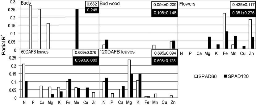134 Plant Soil (2012) 354:121 139 Fig. 6 Determination coefficients (partial R 2 ) between pear tree nutrients in different tissues and SPAD values at 60 and 120 DAFB.
