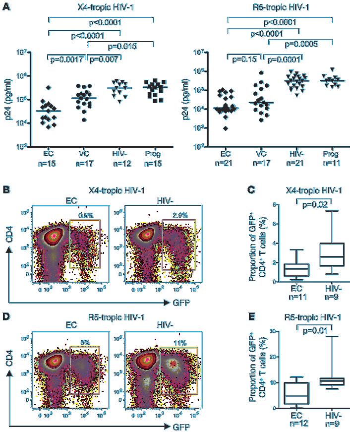 Figure 1 Reduced susceptibility of CD4 + T cells from elite controllers to HIV-1 infection.