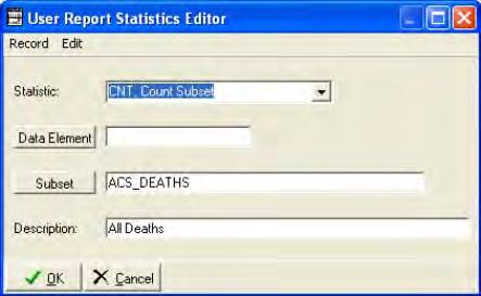 Click Add 1. Choose count subset This statistics editor window defines a column in your table for all deaths. (You will define which patients you will analyze later). 2.