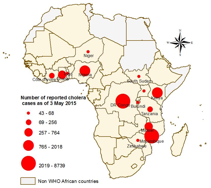 4. Overview of cholera outbreaks in the WHO African Region In the African Region, 14 of 47 countries (30%) have experienced cholera outbreaks between 1 January and 3 May 2015 (epidemiological week