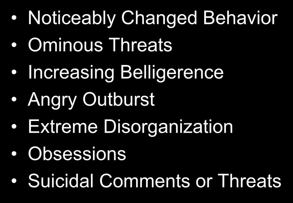 The Nature of Violence Warning Signs Noticeably Changed Behavior Ominous Threats Increasing
