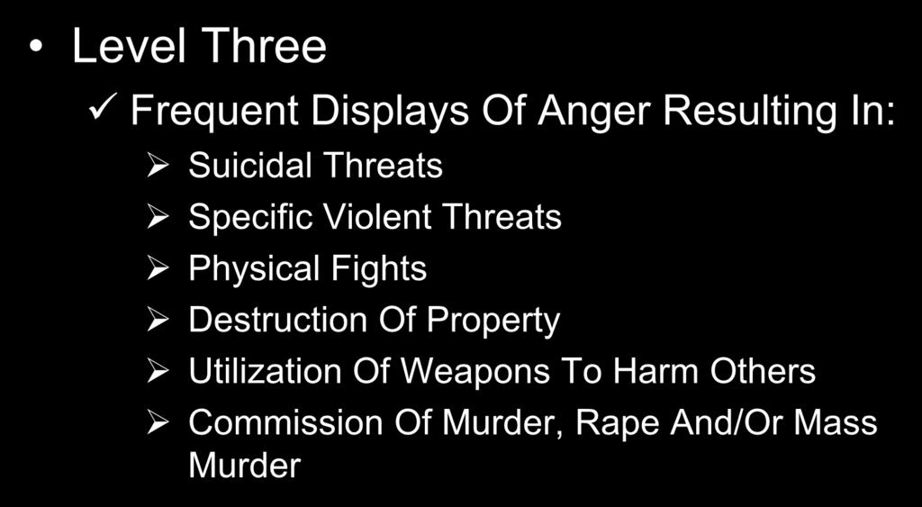 Level Three Levels of Violence Frequent Displays Of Anger Resulting In: Suicidal Threats Specific Violent Threats