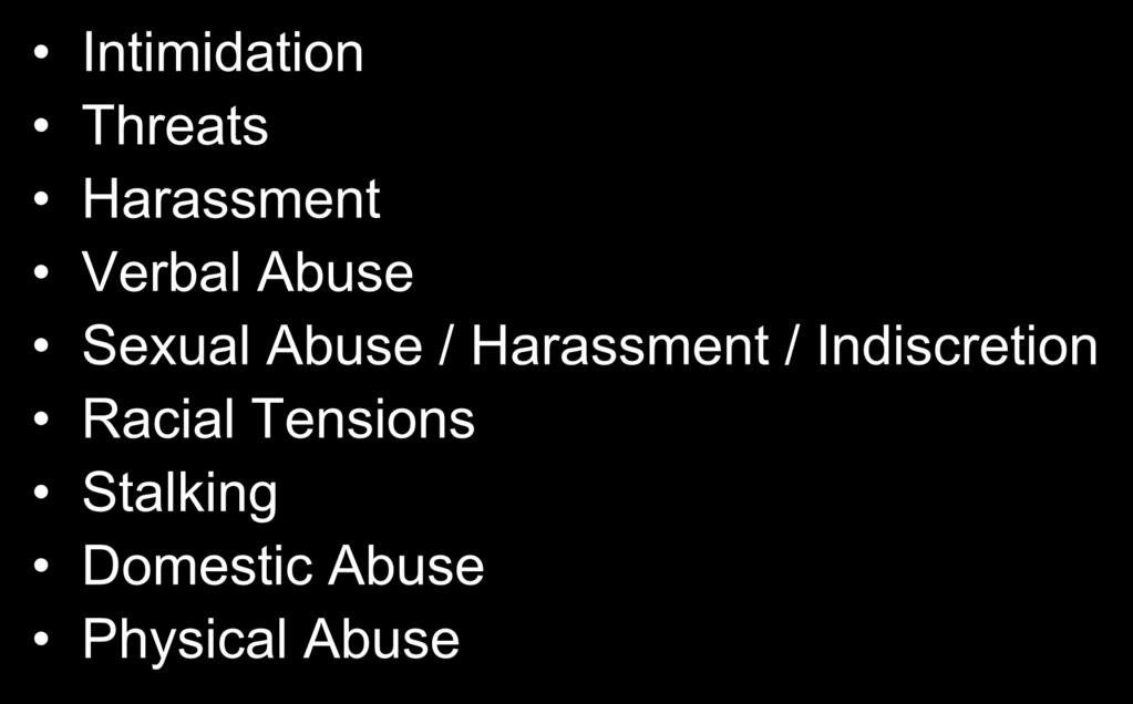 Types of Violence Intimidation Threats Harassment Verbal Abuse Sexual Abuse /
