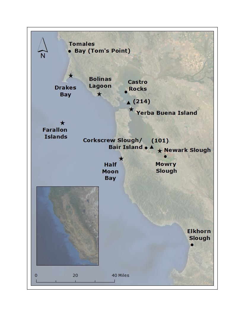 Figure 1. Northern California study area: tagging haulouts and additional aerial and ground resight locations.
