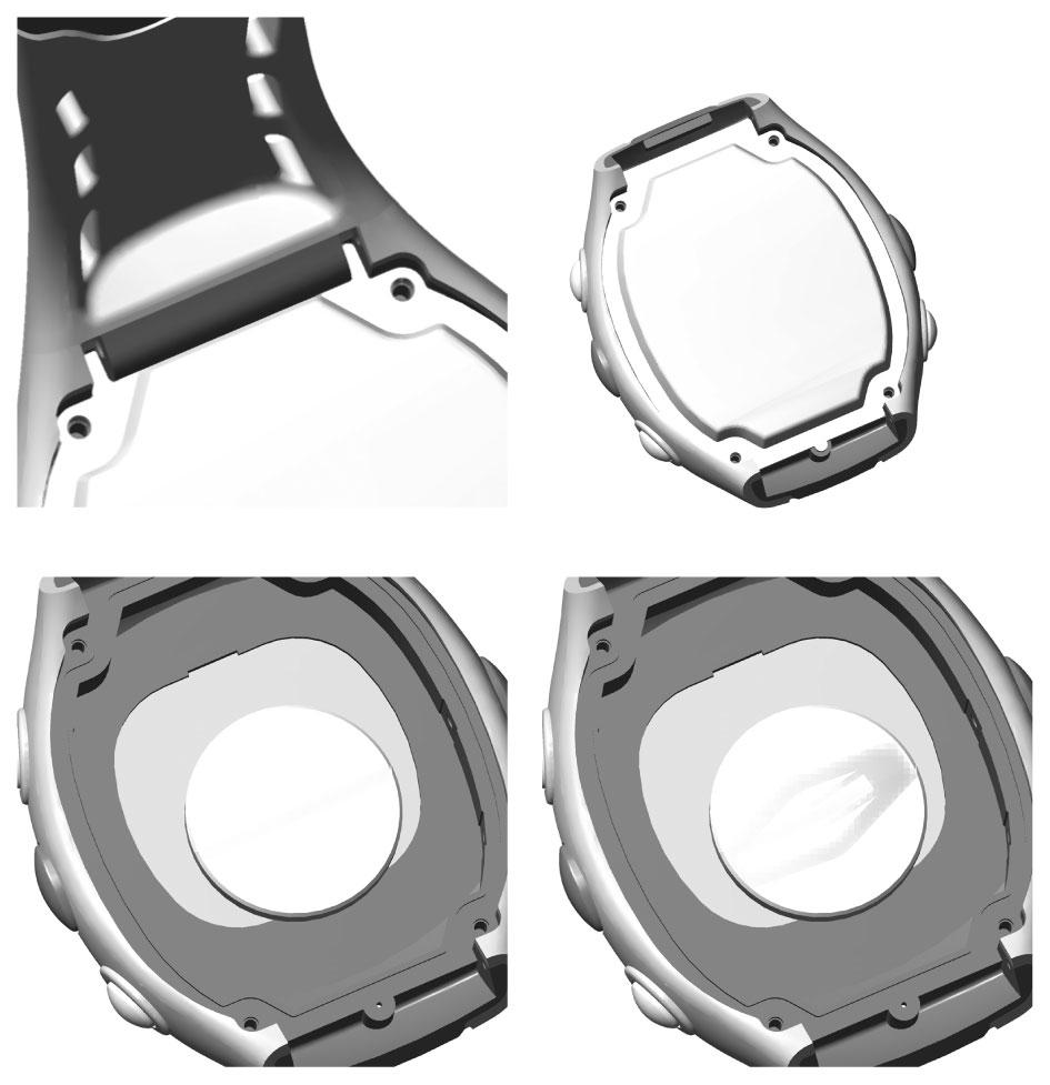 To replace the watch battery: EN 1. Turn the watch over so that you are looking at the back plate. 2. Disconnect the watchstrap as shown above. 3.
